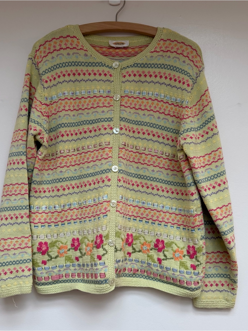 Talbots Pale Green Floral Fair Isle Button-Front Cardigan